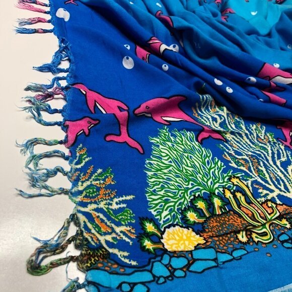 DOLPHIN Under the Sea Blue & Pink Coral Reef Tassel Beach Coverup Sarong Skirt - Picture 7 of 16